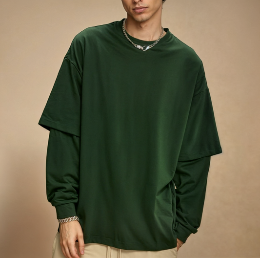 Layered Sleeves Dark Green T-shirt