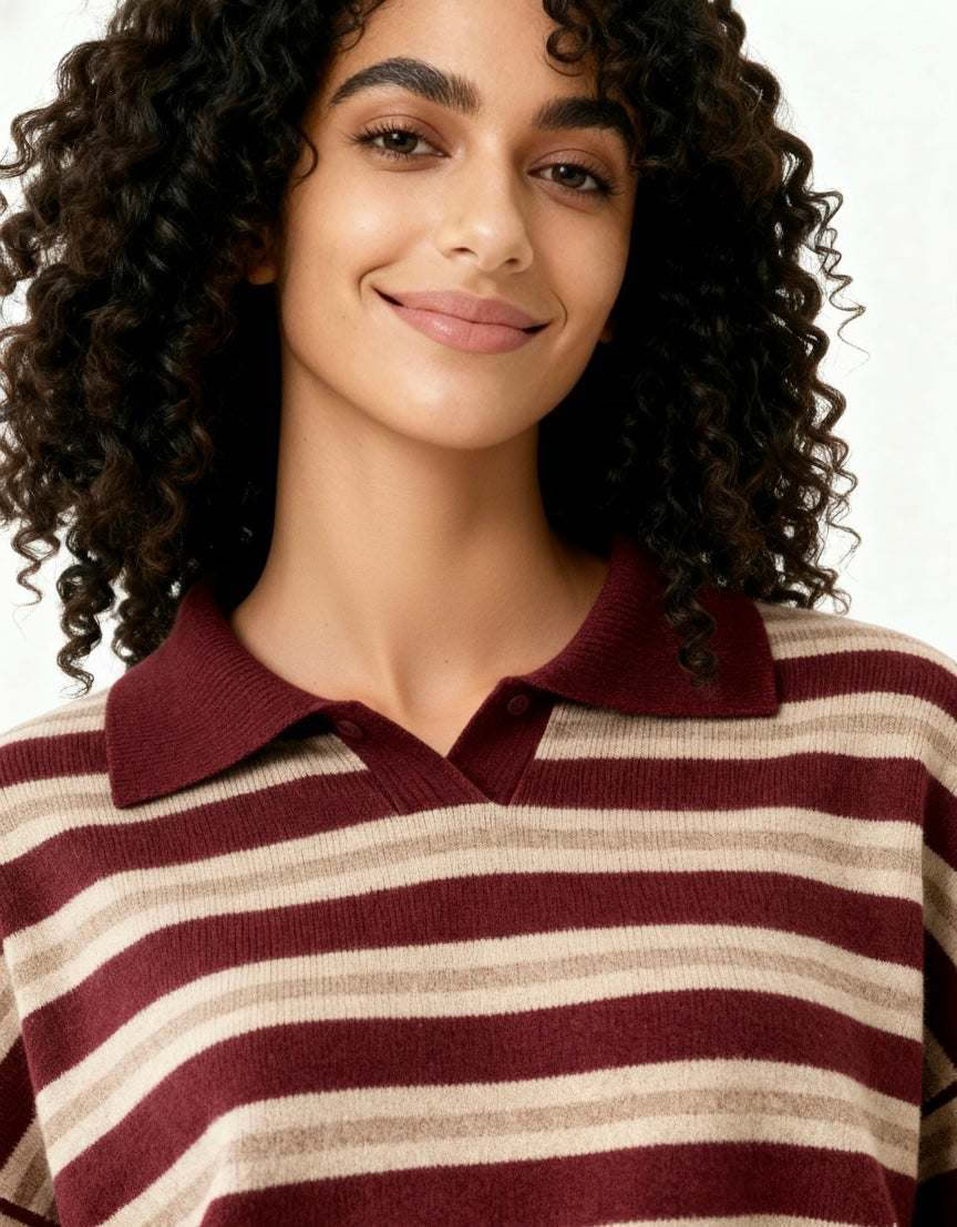Striped Knit Polo Sweater – Maroon & Beige