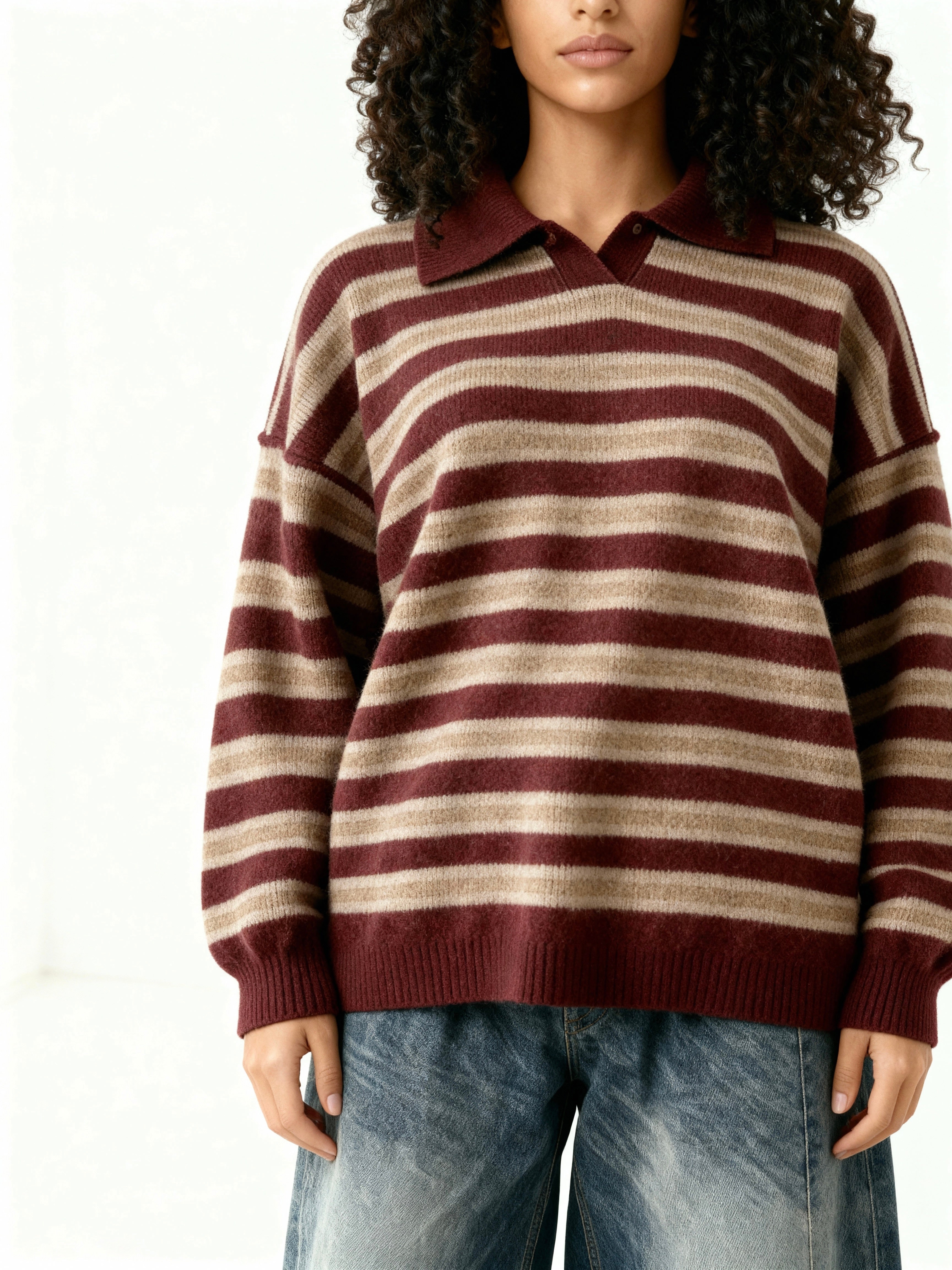 Striped Knit Polo Sweater – Maroon & Beige
