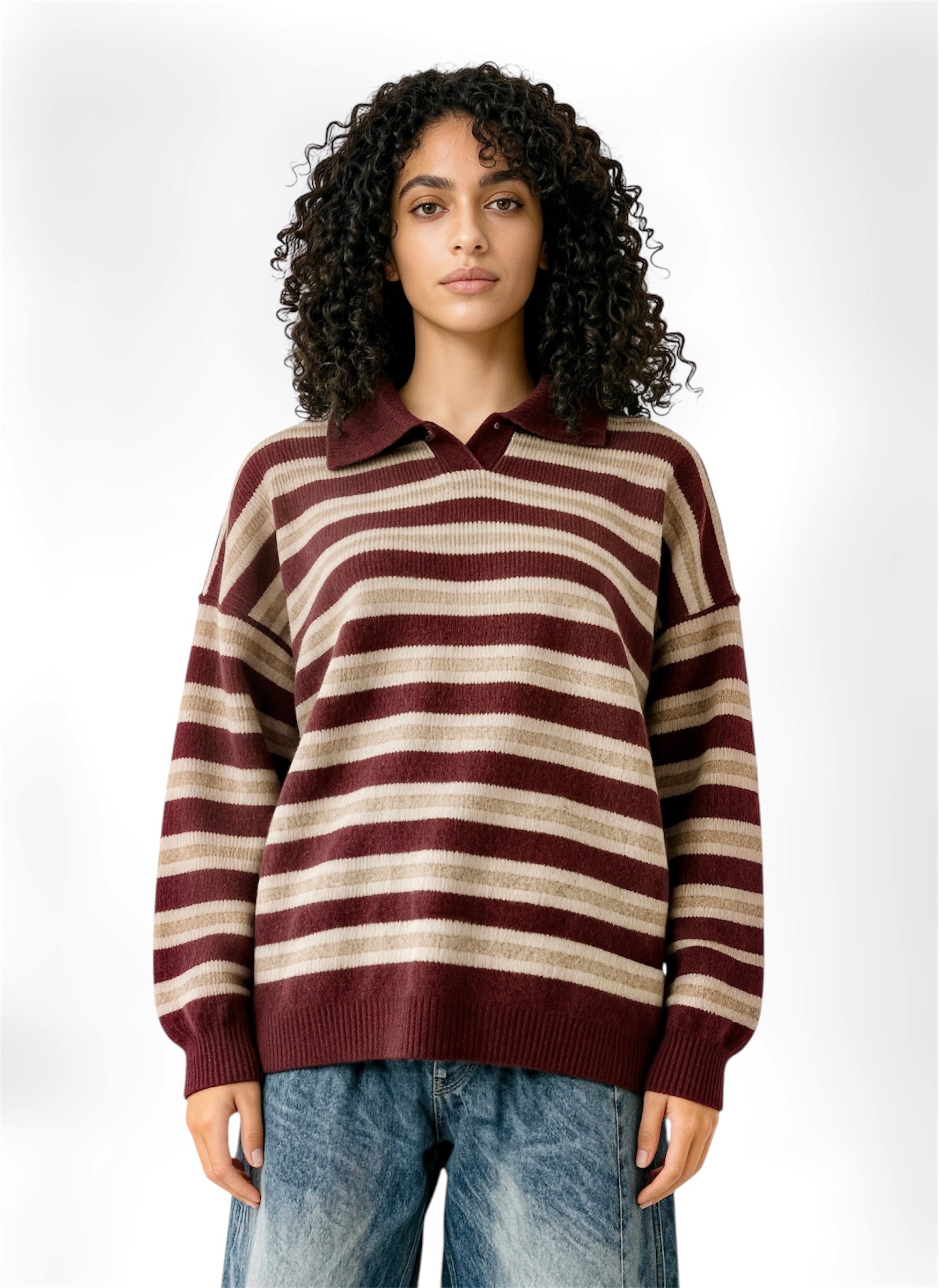 Striped Knit Polo Sweater – Maroon & Beige