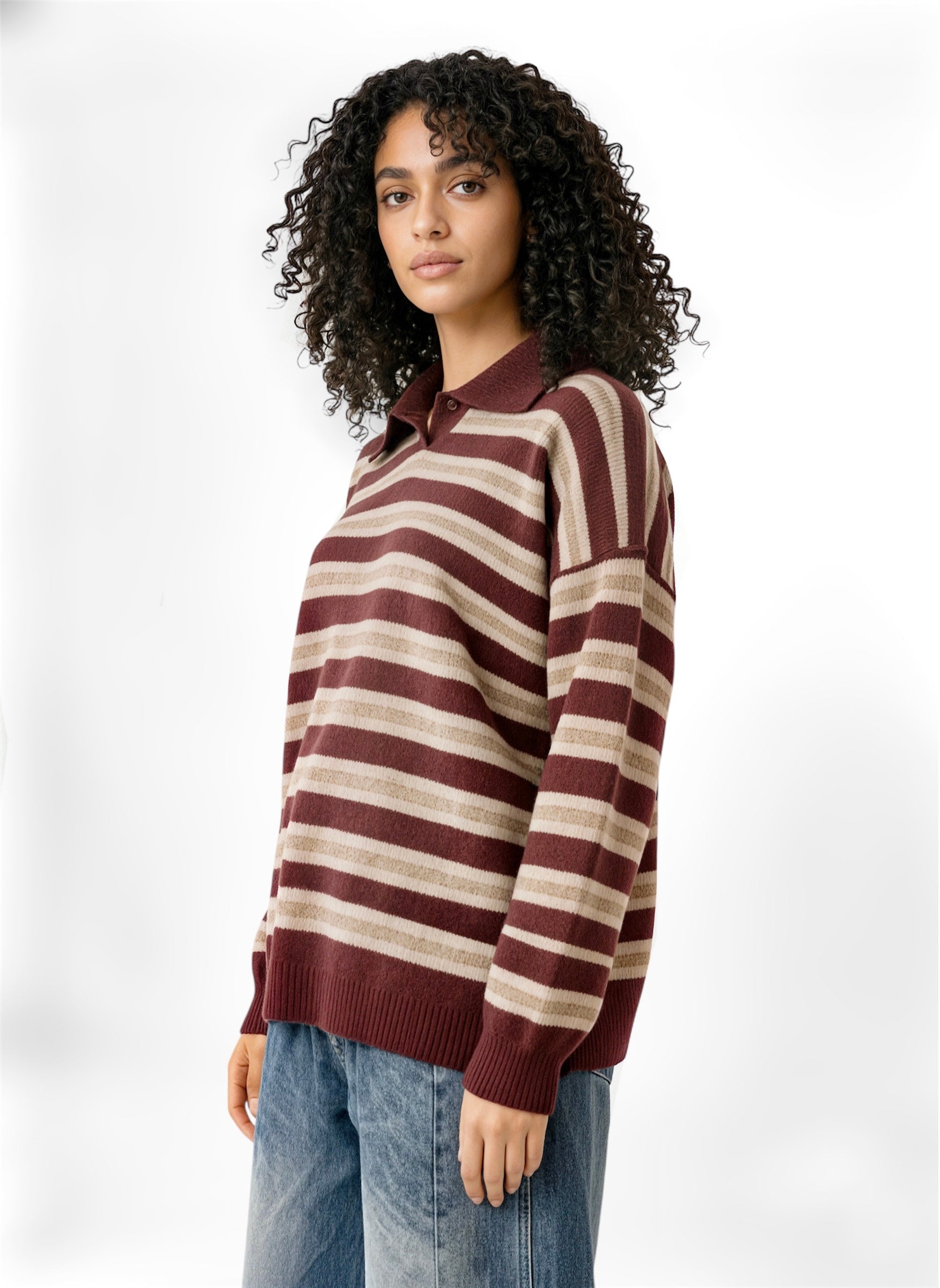 Striped Knit Polo Sweater – Maroon & Beige