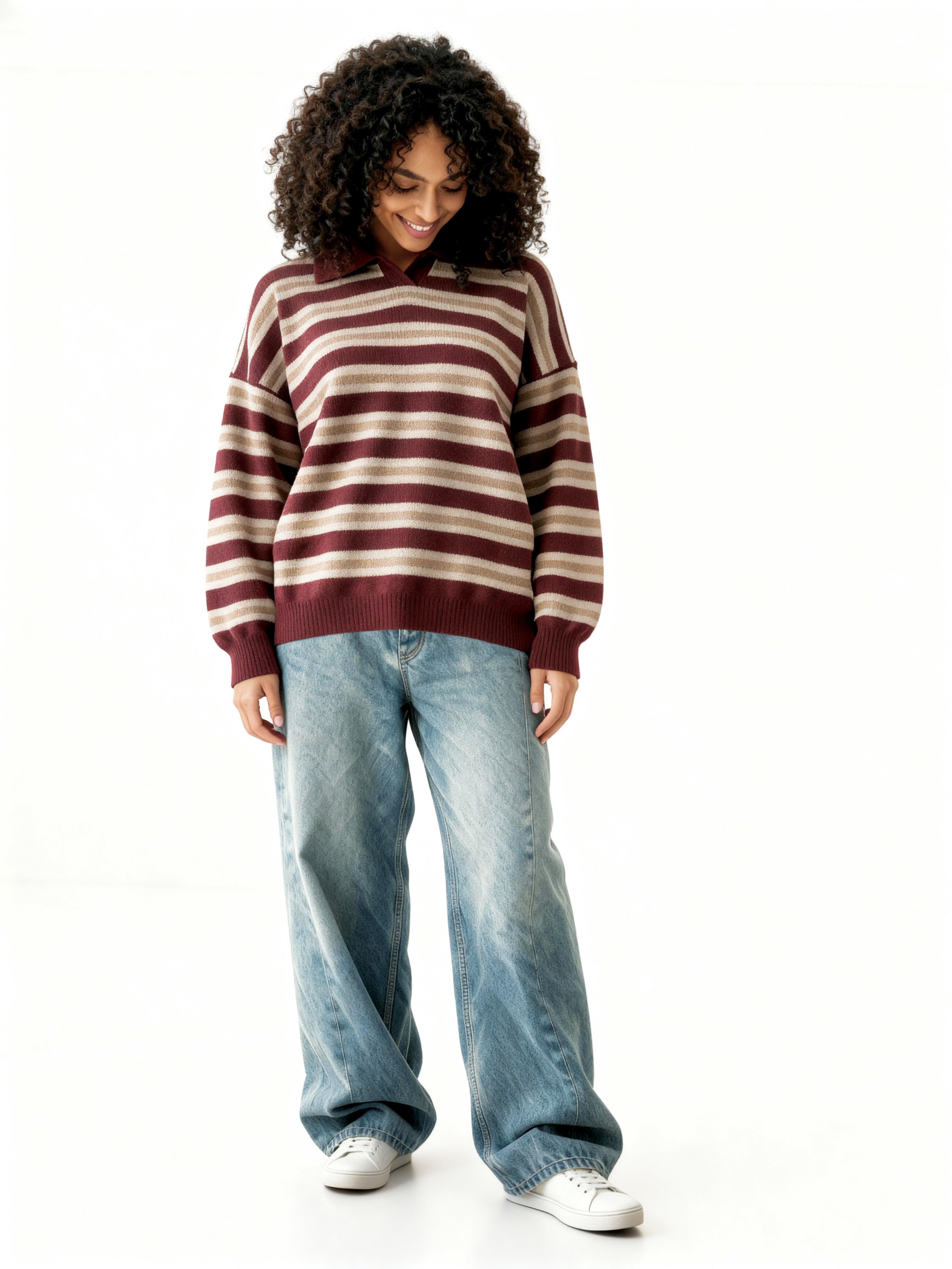 Striped Knit Polo Sweater – Maroon & Beige